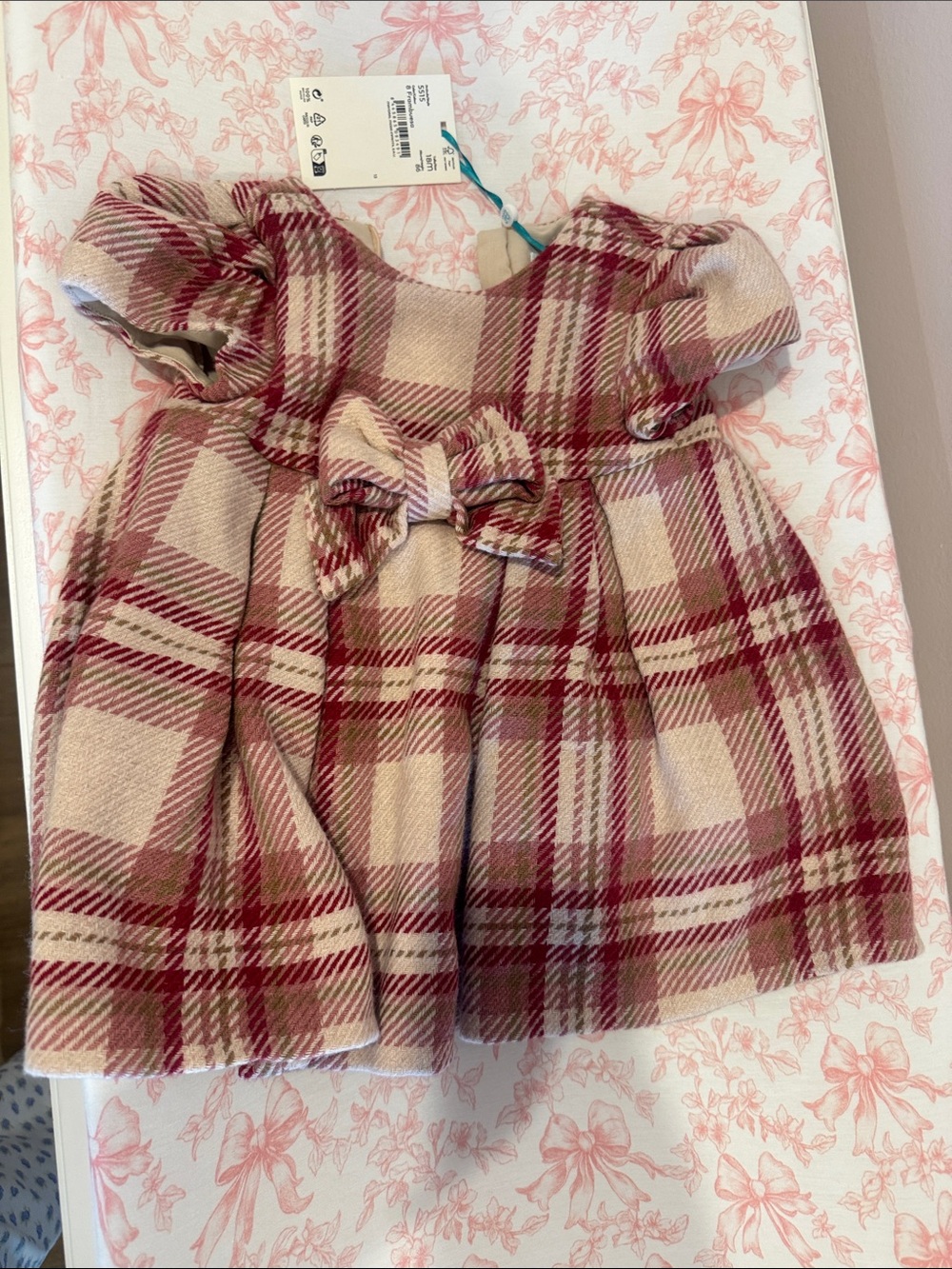 Plaid Bow Baby Dress in Cream and Burgundy